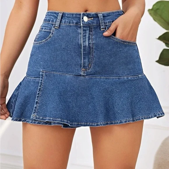 SHEIN Skirts Shein Washed Ruffle Hem Denim Skirt Poshmark